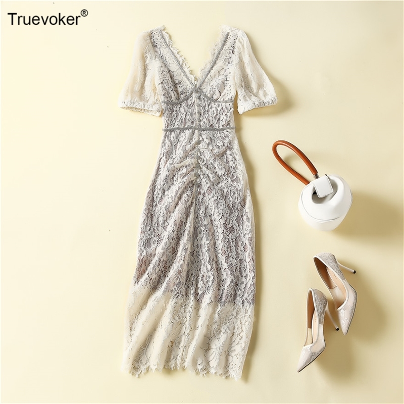 

Truevoker Summer Runway Fashion Lace Crochet Dress Lady Short Sleeve V-neck Embroidery Diamond Sheath Prom Robe 210602, White