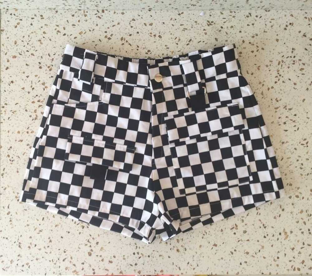 

Black White Plaid High Waisted Cargo Shorts Women Metal Straight Shorts Femme Summer Casual Punk Streetwear Cortos Mujer S-2XL 210611, Beige