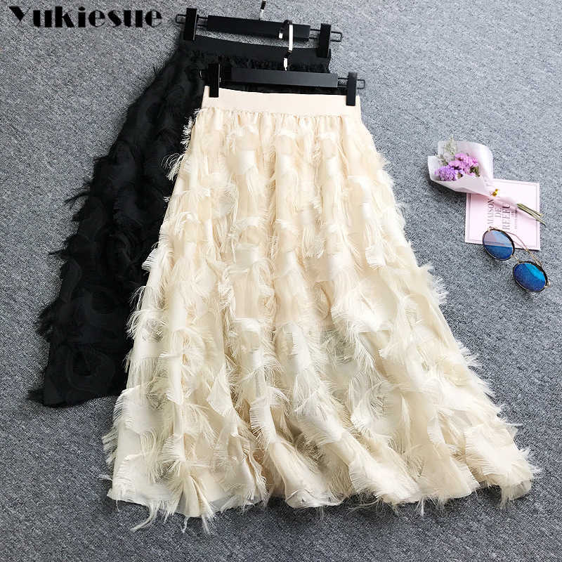 

high waist Women's skirt s woman fashion pleated womens jupe femme beach long maxi tulle tassel 210608, Pink