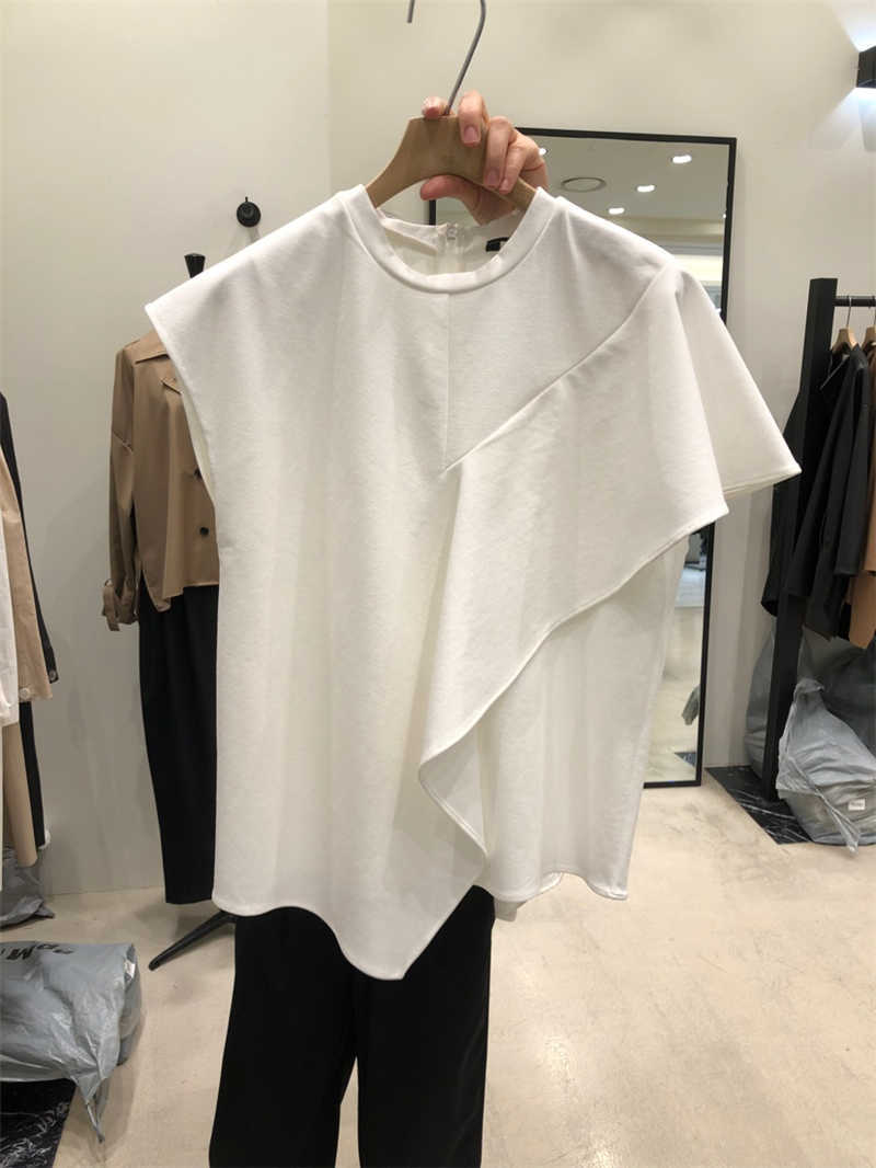 

Spring and Summer Korean Fashion Casual Loose Women' T-shirt Solid Color Irregular Fold Short-sleeved 210615, White