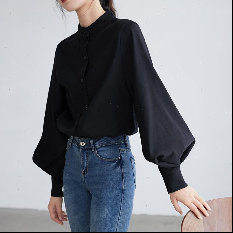 

womens blouses big lantern sleeve blouse women autumn winter single breasted stand collar shirts office work solid vintage, White