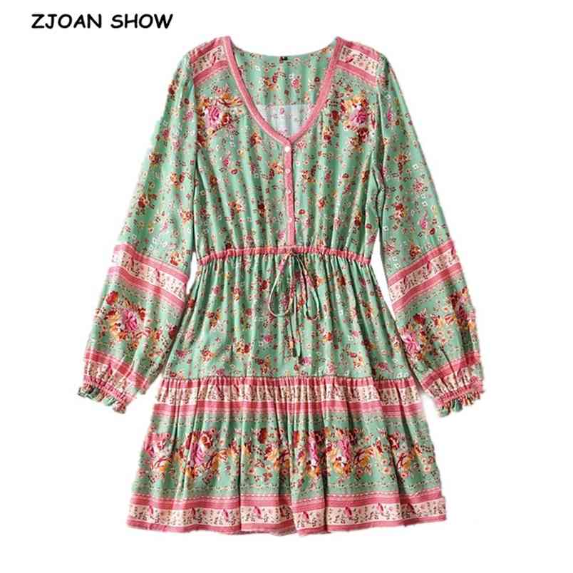 

Holiday Buttons Collar Pink Floral Print Long Sleeve Short Dress Hippie Adjustable Lacing up Waist Bohemian Women Dresses BOHO 210429, Black