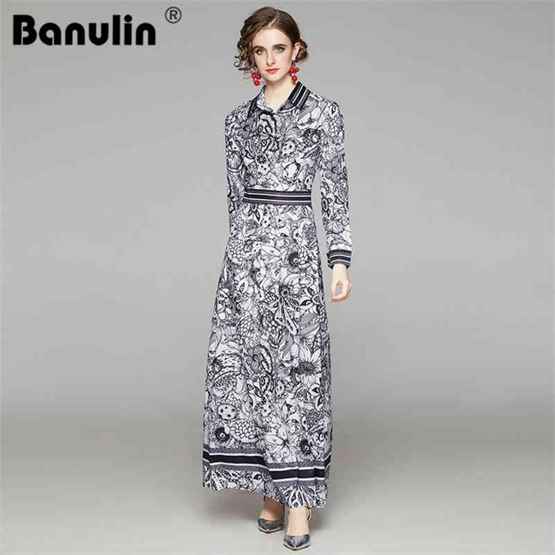 

Banulin Spring Fashion Designer Runway Long Dress Women's Turn Down Neck Sleeve Floral Print Vintage Party Maxi 210603, The picture color