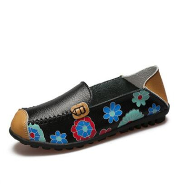 

2021 casual mother shoes soft surface comfortable durable printing ladies flat leather shoe women peas single big size EU35-44