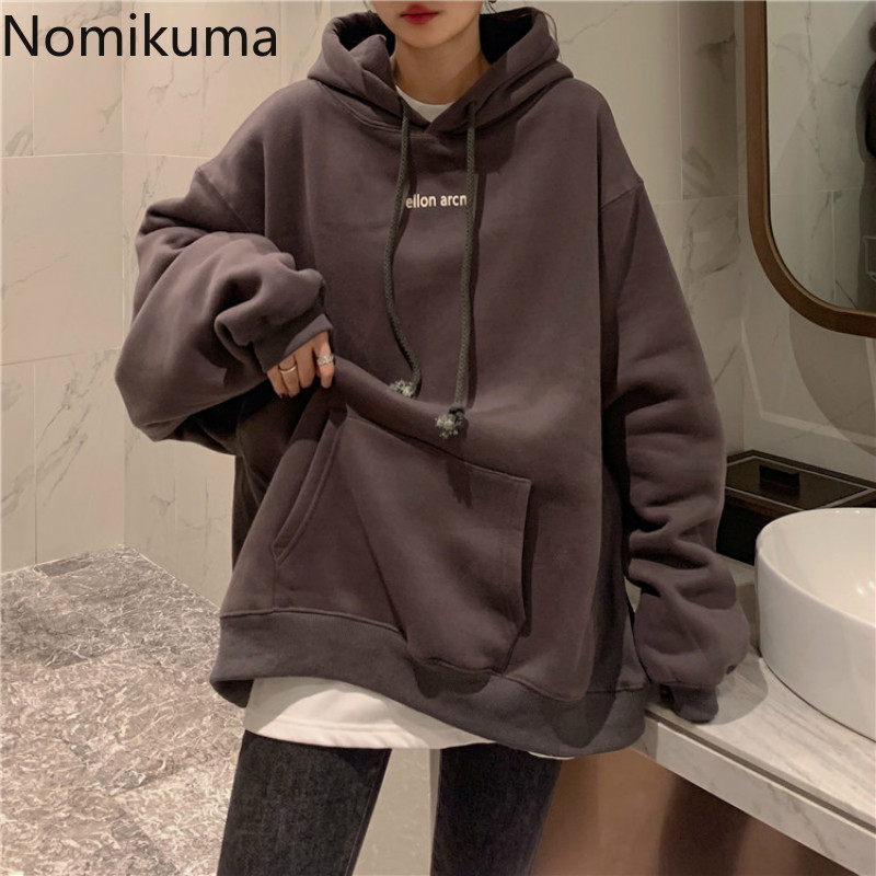 Nomikuma Autumn Winter Fleece Thick Pullover Sweatshirt Causal Oversize Women Jumper Long Sleeve Letter Korean Hoodie 6D287 210427