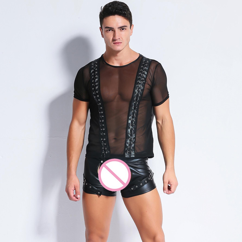 

Sexy Men Gothic Mesh PU Faux Leather Patchwork T-Shirts Bandage Cool Men Night Tight Shirts Leather Slim Shirt Plus Size F40