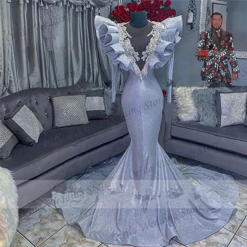 

Prom Dress Mermaid Long Sleeves Sequins Beads robe de soirée mariage 2021 Evening Party Wear Gowns, Champagne