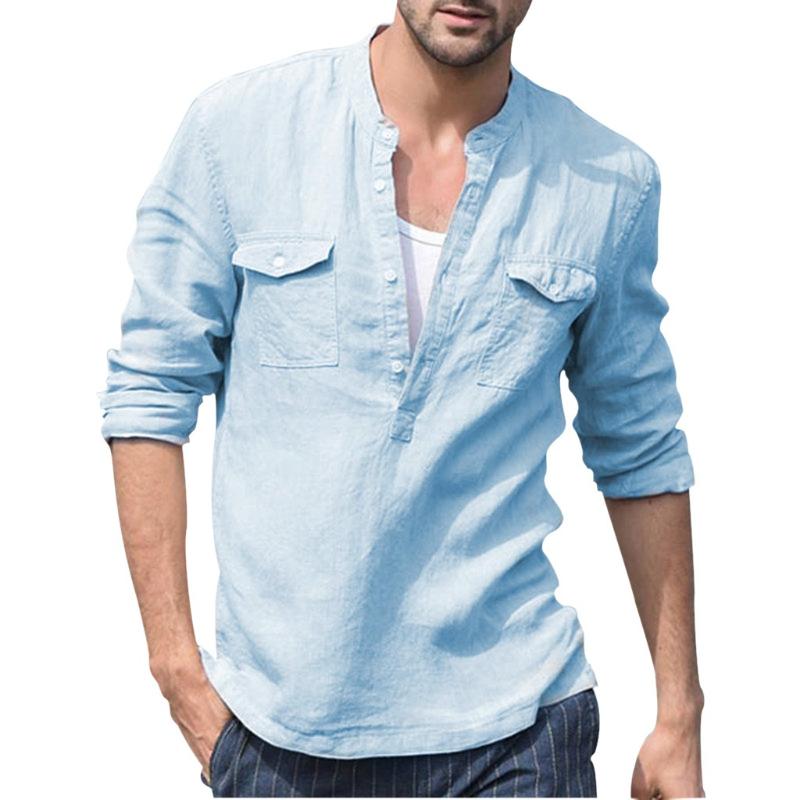 

Mens Cotton Linen Shirts Spring Autumn Solid Long Sleeve Retro Pure Color Casual Shirt Top V Neck Tops, White