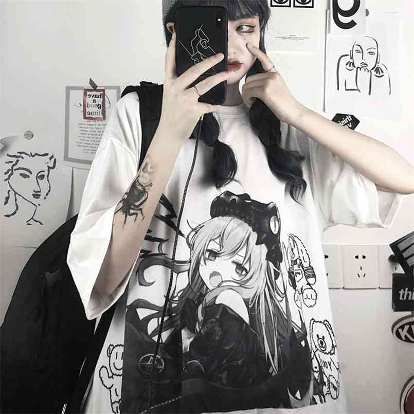 

Short Sleeve T-shirt Japanese Anime Print Female Korean Loose White Punk Women Clothes Harajuku Graphic Tees Kawaii Tshirt 210708