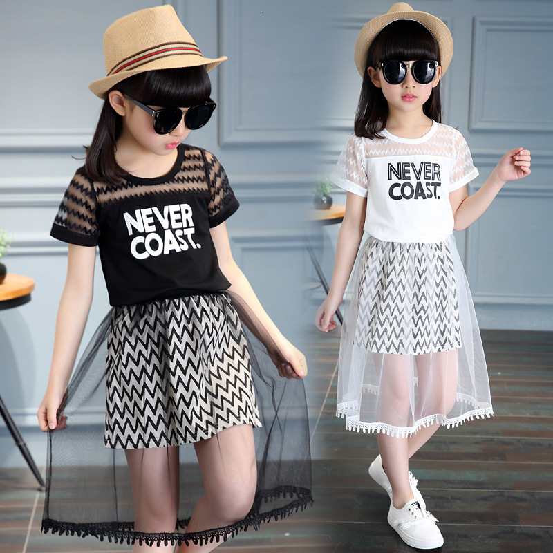 

Sets baby kids Girls Clothes Summer T shirts+Mesh Skirts Children Clothing Casual 2pcs Teenager 3 4 5 6 7 8 9 10 11 12 years C0225, Black