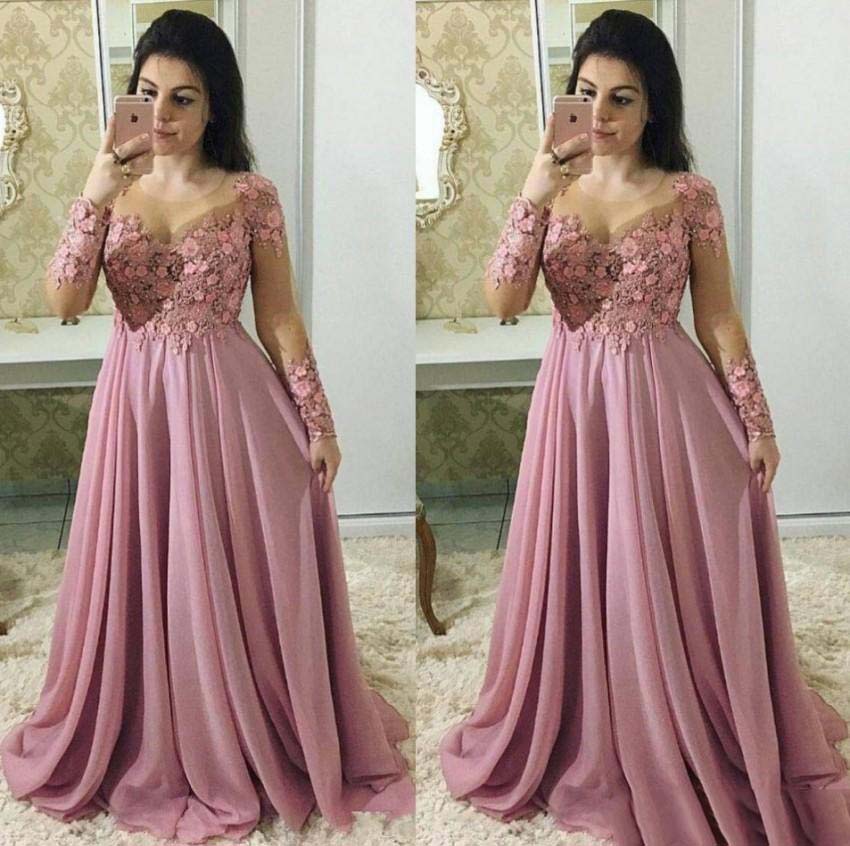 

Dusty Pink Mother Of The Bride Dresses With Long Sleeves Sheer Jewel Neck Wedding Guest Dress Floral Lace Chiffon Plus Size Evening Gowns