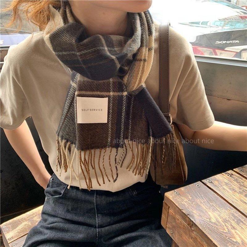 

Scarves South Korea East Gate Autumn And Winter Plaid Scarf Women Imitation Cashmere Label Warm Shawl Lovers Small Bib, Blue;gray