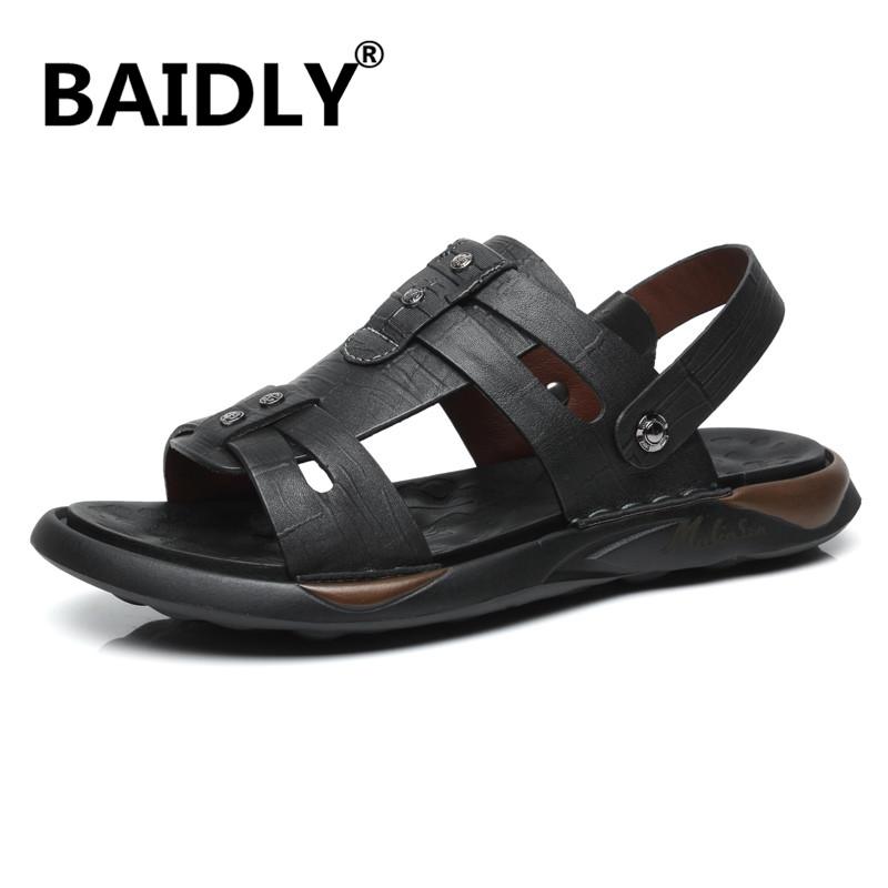 

Sandals Summer Men's Shoes Fashion Men Handwork Genuine Leather Comfortable Beach Outdoor Sneakers Mans Footwear, Black