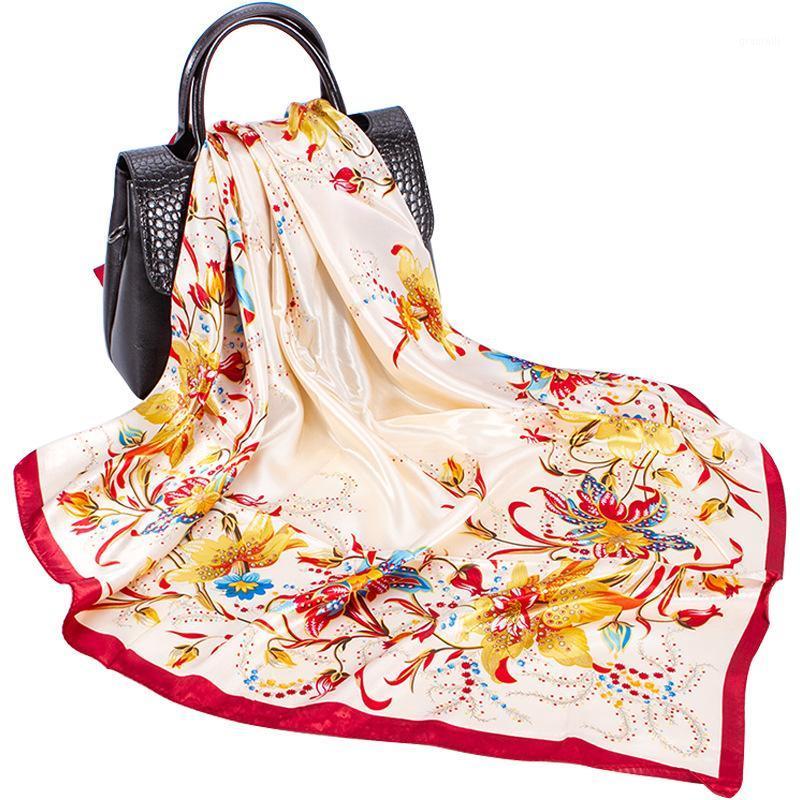 

Women Fashion Imitate Silk Scarf Square Bandana Flower Flora Print Shawl Stole Soft Satin Hijab Wraps 90*90cm Scarves, Blue;gray