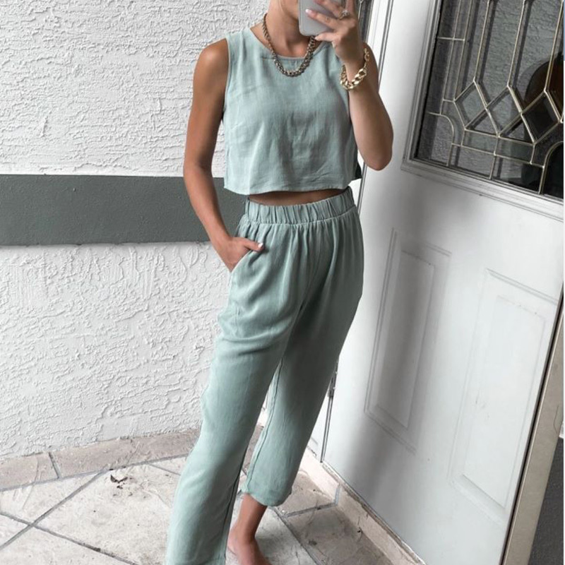 

Vacation Casual Women Pants Two Pieces Set Solid Sleeve Crop Camis And Elastic Waist Pants Match Ladies Suit Summer Beach Style 210518, Apricot