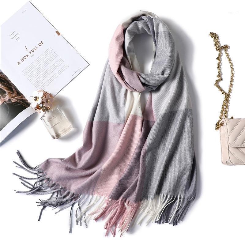 

Scarves 2021 Plaid Women Hijab Scarf Pashmina Lady Shawls Foulard Headband Tassel Cashmere Winter Warm Female Wraps Bandana, Blue;gray