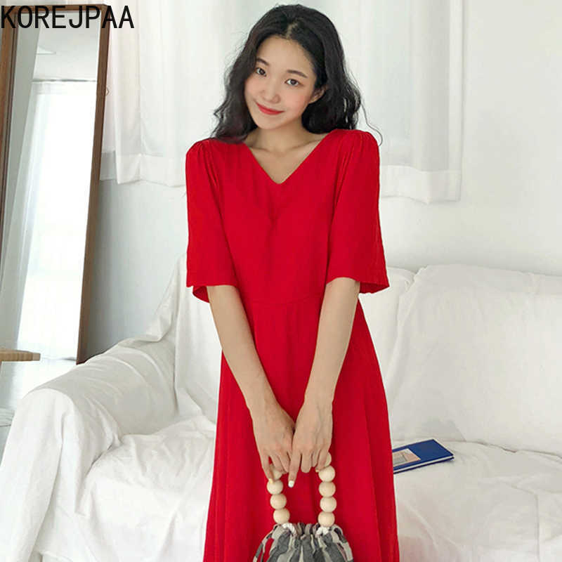 

Korejpaa Women Dress Summer Korean Fashion Chic Temperament Solid Small V Collar Pleated Design Tie Waist Long Dresses 210526, Red