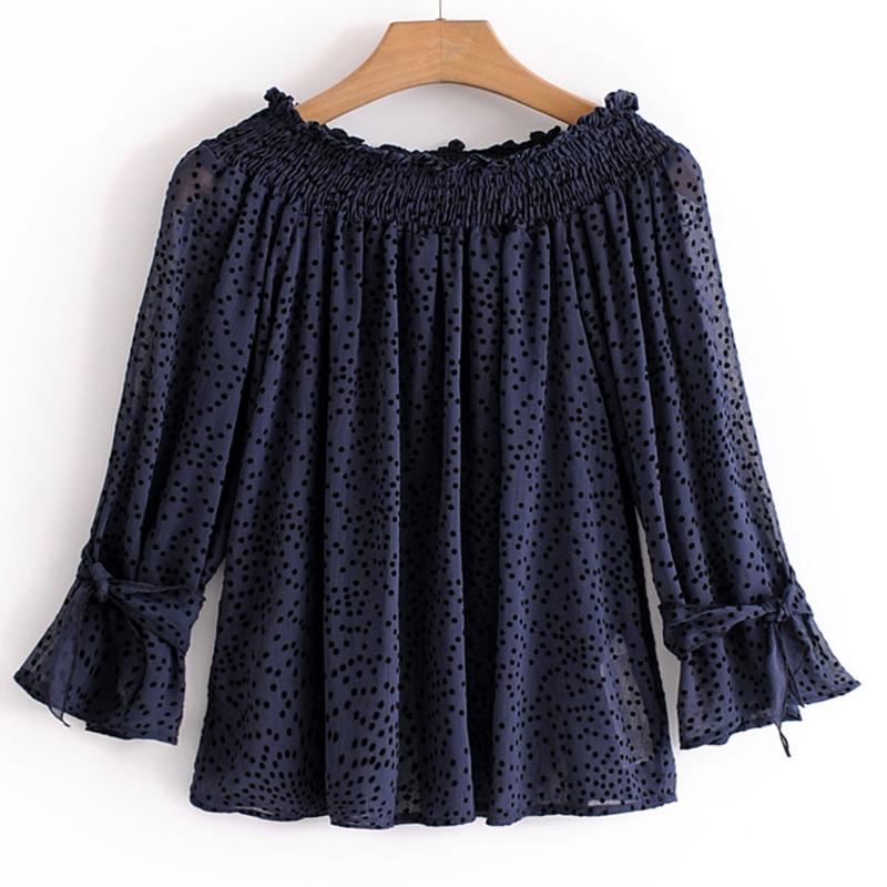 

Women's Blouses & Shirts 2021 Women Sexy Strapless Off Shoulder Shirt Wide Boat Neck Blouse Navy Blue Ladies Chiffon Loose Casual Tops, Xqjtp201 navy blue