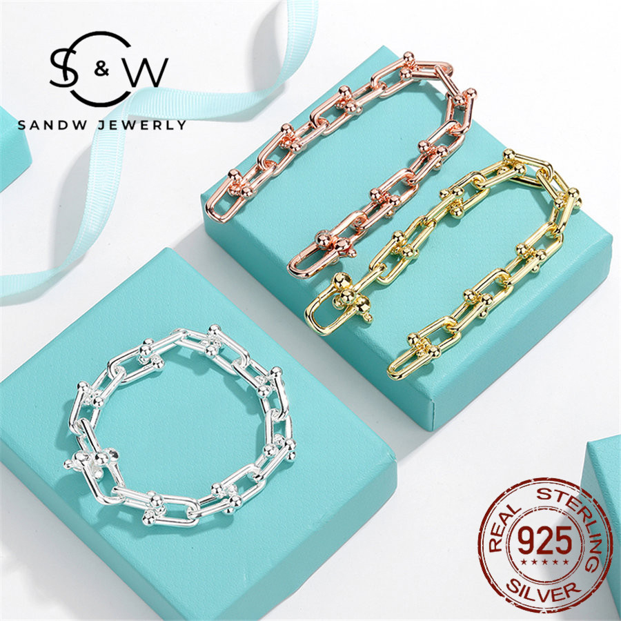 

SANDW sterling silver 925 jewelry women's U-shaped bracelet fashion classic original high quality wedding gift for girlfriend, Golden;silver
