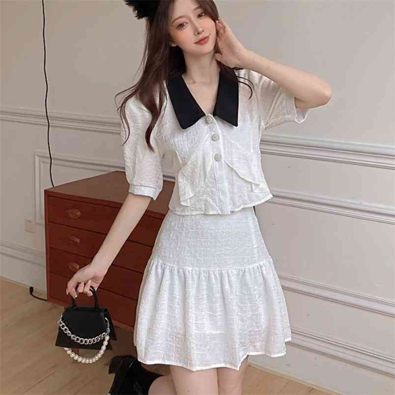 

Summer Women Two Piece Set Casual Sweet Turn Down Collar Single Breasted Crop Tops + High Waist A-line Mini Skirt Outfits 210519, White