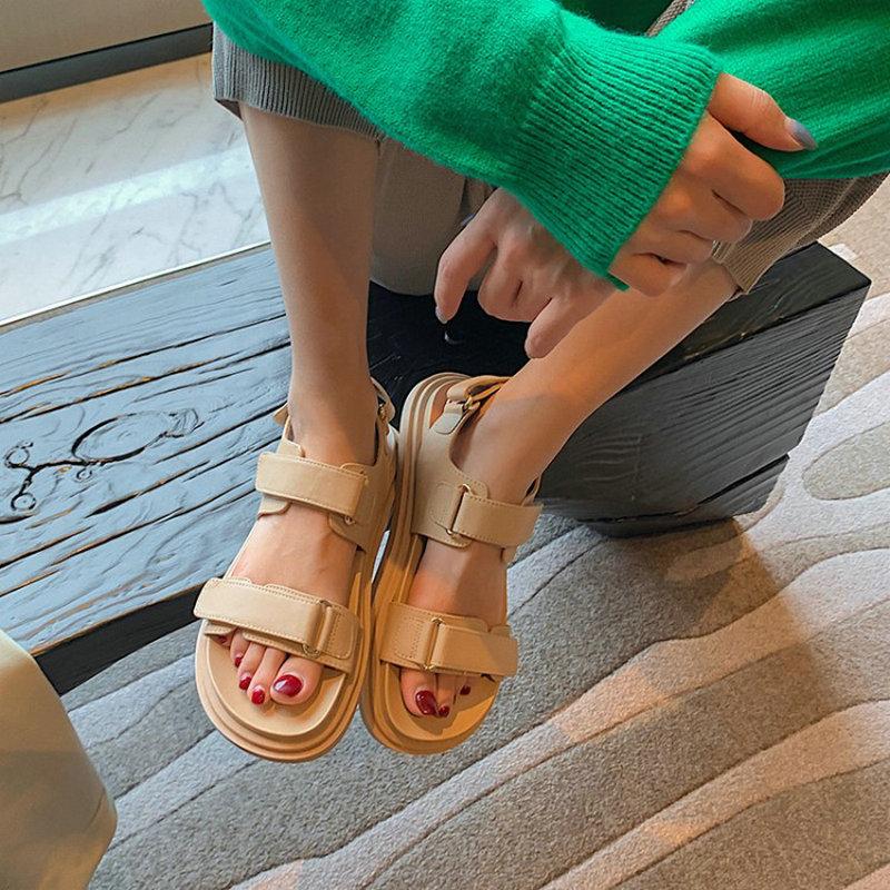 

Dress Shoes ZawsThia 2021 Genuine Split Leather Open Toe Casual Hook&Loop Womens Flats Summer Beach Woman Flat Sandals, Beige