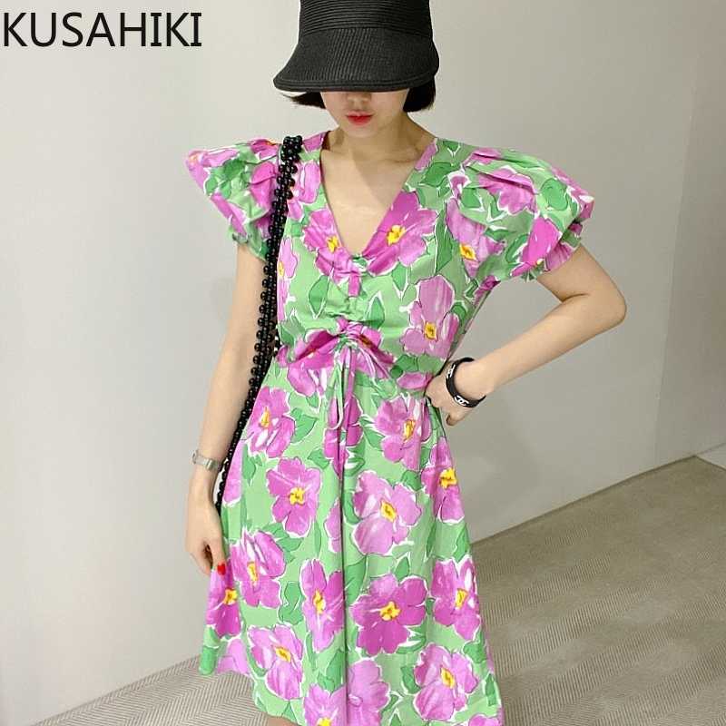 

KUSAHIKI Summer Flowers Dresses Women Drawstring Pleated V-neck Puff Sleeve Dress Summer A-line Mini Vestidos 6J576 210602, Pink