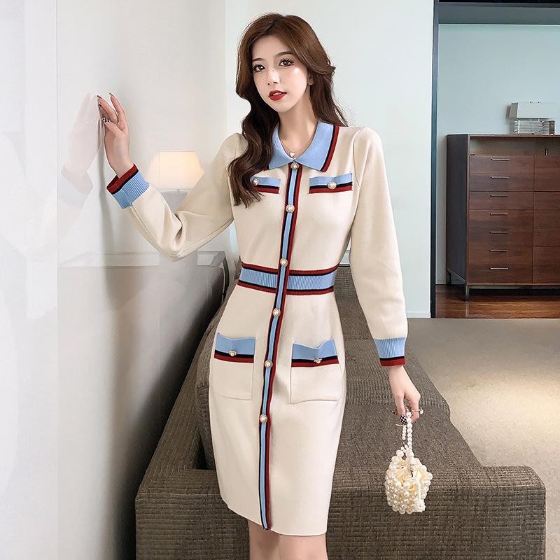 

Casual Dresses Fashion Women Vintage Turn-down Collar Long Sleeve Knitted Midi Party Dress Elegant Single-breasted Bodycon Skinny Female, Beige