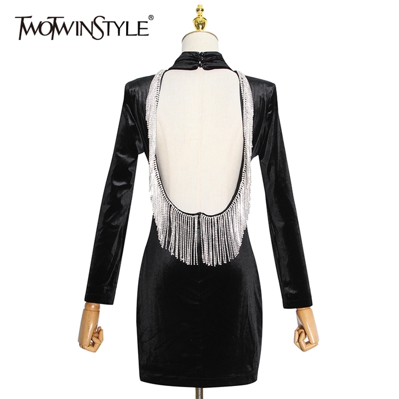 

Patchwork Diamond Tassel Dress For Women Turtleneck Long Sleeve High Waist Backless Sexy Dresses Female Fashion 210520, Black