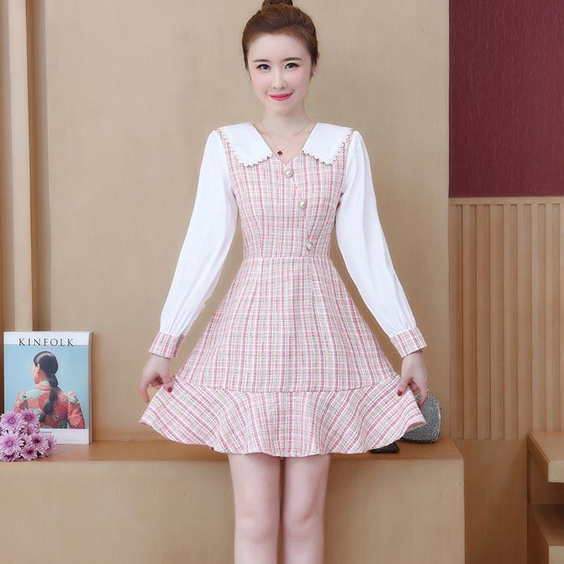 

Casual Dresses One-Piece 2021 Spring Autumn French Retro Long Sleeve Dress Ruffles Plaid Woolen Mermaid Temperament Elegant, Blue