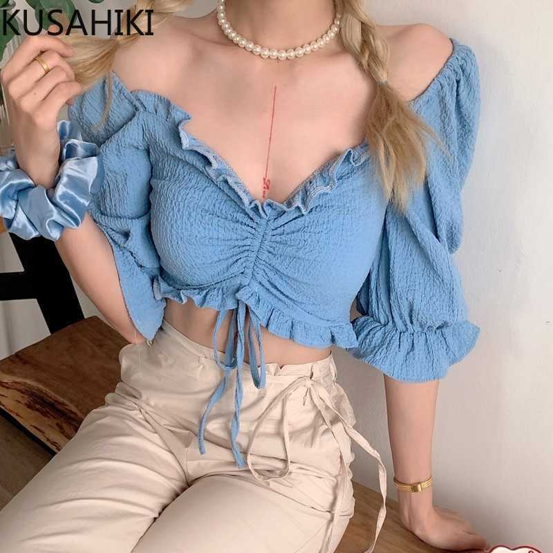 

KUSAHIKI Women Sexy Slash Neck Strapless Tops Tee Drawstring Slim Short Woman Tshirts Short Puff Sleeve T Shirt 6F739 210602, Purple