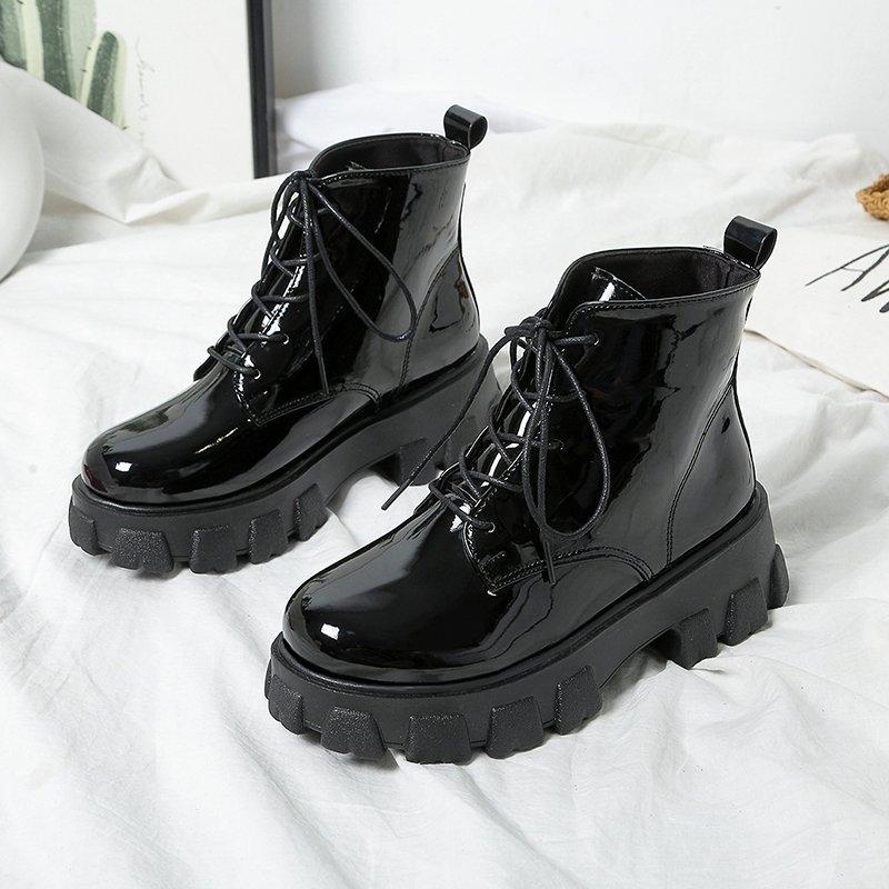 

Boots Rock Shoes Ladies Medium Calf Luxury Designer Low Heel Short Round Toe, Black