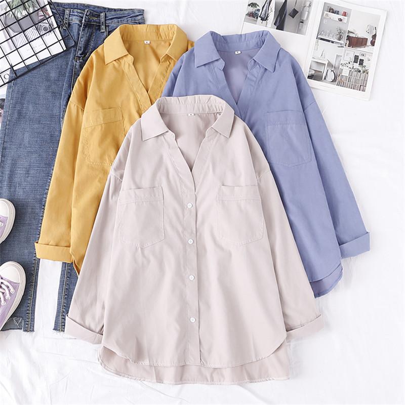 

Women Blouses Shirts Tunic Womens Tops And 2021 Womenswear Long Sleeve Clothing Button Up Down V Neck 2 Pockets Casual Women's &, White