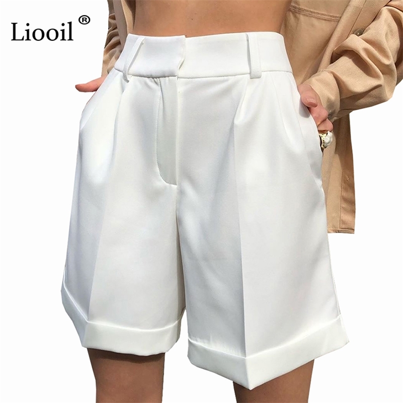 

White Suit Shorts Women Straight Leg Mid Waist With Zipper Button Pockets Ladies Summer Clothes Casual Loose Short Pants 210611, Green