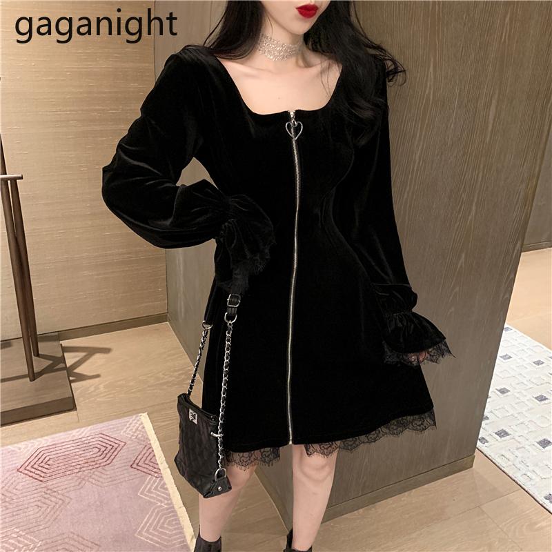 

Casual Dresses Gaganight Women Gold Velvet Dress Female 2021 Autumn Winter French Retro Sexy Annual Party Lace Stitching Black