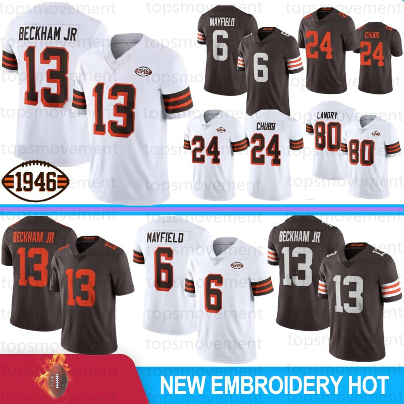 

24 Nick Chubb Baker Mayfield Men Football Jerseys Odell Beckham Jr. ClevelandBrownsKosar Jarvis Landry Myles Garrett Greg Newsome II Kareem Hunt Denzel Ward, Men bulang+1946 patch