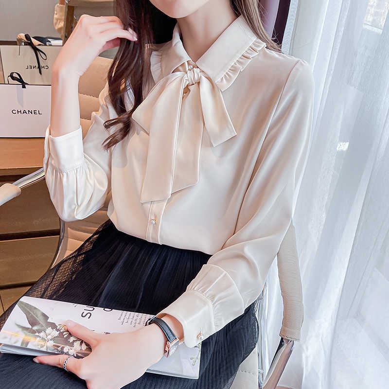 

Korean Women Shirt Chiffon Blouse for Female Long Sleeve  Tops Woman White Polo-Neck Plus Size Basic 210604, Creamy-white