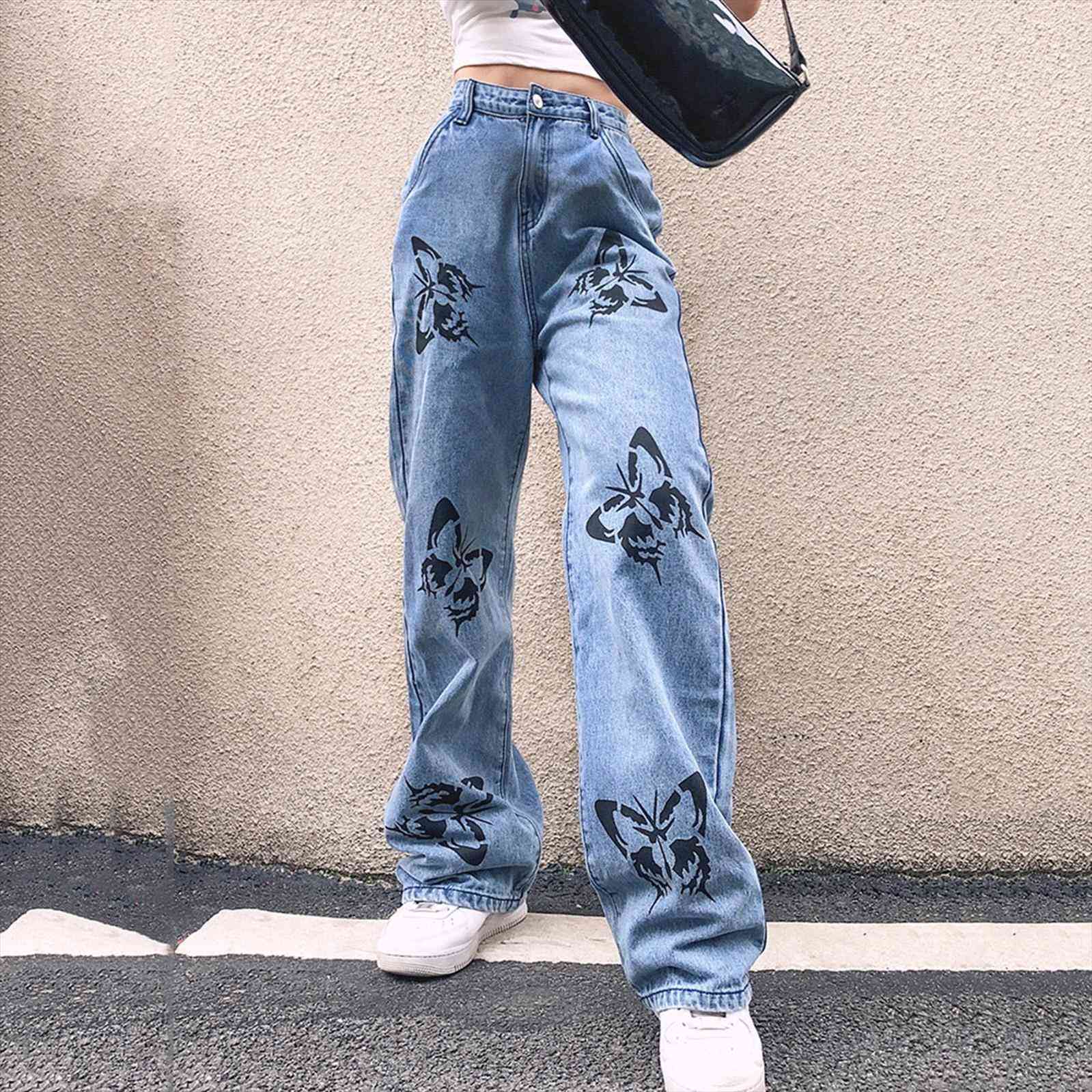 

jeans fashion wide leg women pants butterfly printed high waist straight trousers, Black;white