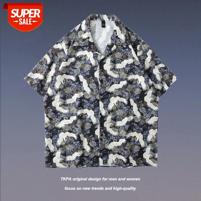 

TKPA Chinese style men's loose short-sleeved shirt, crane flow Japanese retro casual half-sleeved cardigan men #Fn7v, White;black