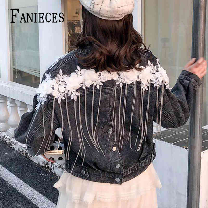 

Women Embroidery tassel Pearl Bead Short Denim Coat Female Long Sleeve Loose Sequin Jean Jacket drop 210520, Blue