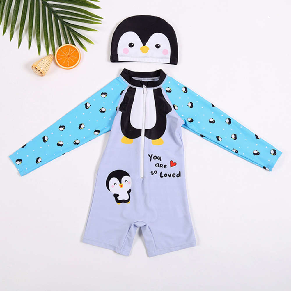 

Children's suit children's with swimming cap Cartoon Penguin diving spring one piece swimsuit, Black