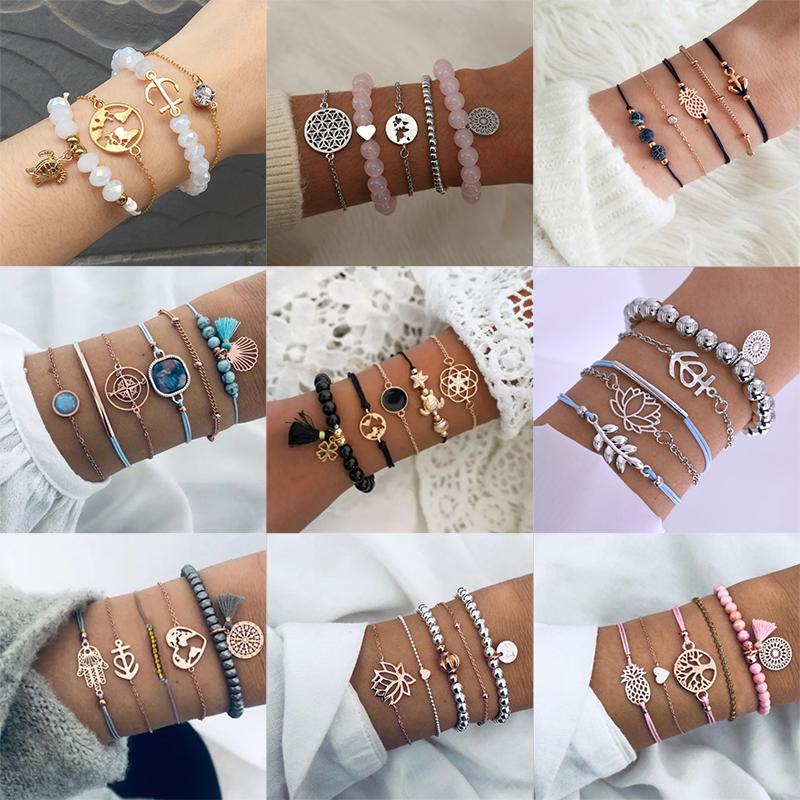 

Link, Chain Multi-layer Bohemian Rose Gold Color Moon Leaf Crystal Opal Open Bracelet Set For Women Punk Boho Beach Bangle Jewelry Gift