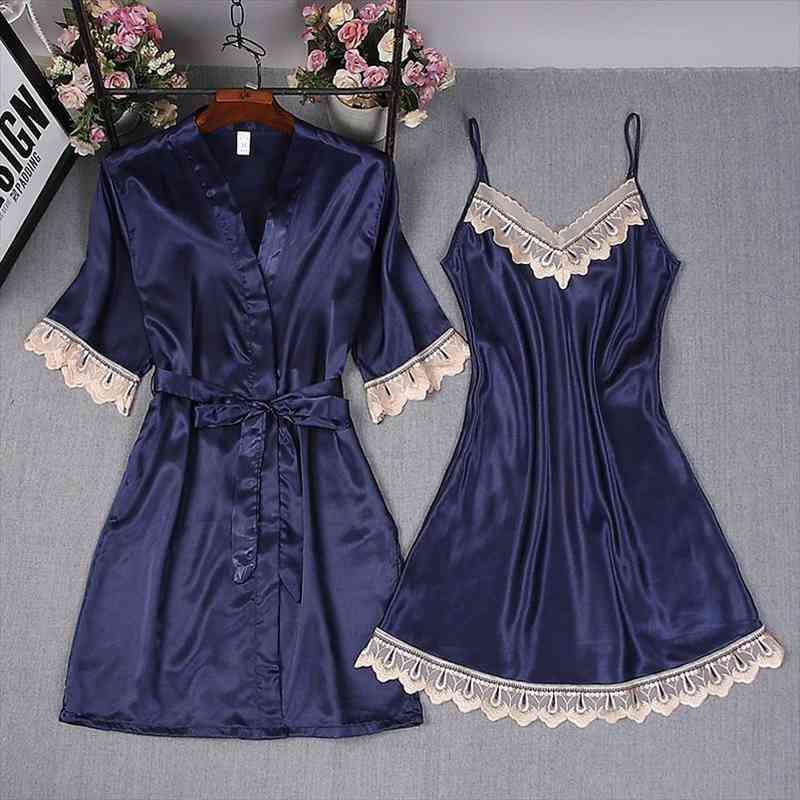 

Women Sexy Rayon Robe Gown Set Spring Autumn Bathrobe Set 2 Pieces Solid Kimono Nightdress Lace Sleepwear Nightwear, Black;red
