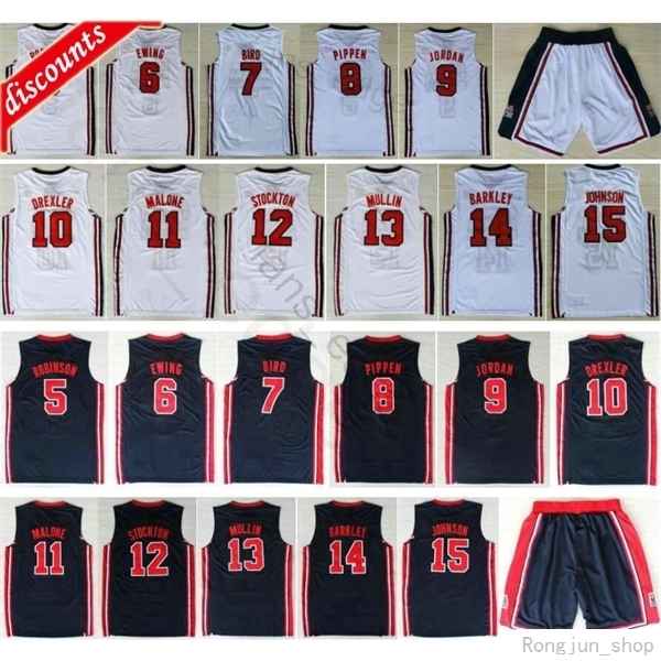 

1992 Team Basketball 9 Larry Bird Patrick Ewing Scottie Pippen Mullin Robinson Drexler Laettner Stockton Malone Charles Barkley Jerseys, Black;red