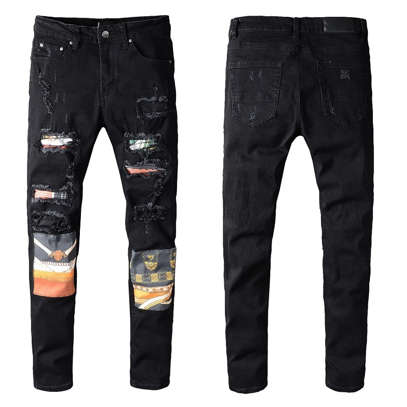 

American Fashion High quality Comfortable Design Motorcycle Black jeans Ripped boyfriend Thrasher Plus Slim fit stretch-denim mens wide leg, Blue