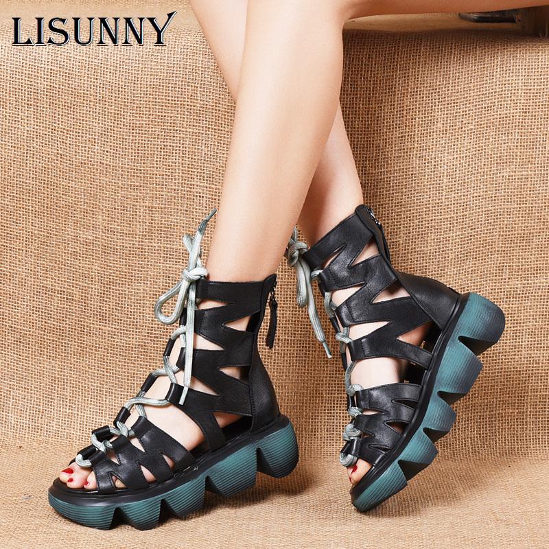 

Boots LISUNNY Summer Women Shoes 2021 Genuine Leather Zip Open Toe Wedges Sewing Handmade Concise Ankle Platform, Black
