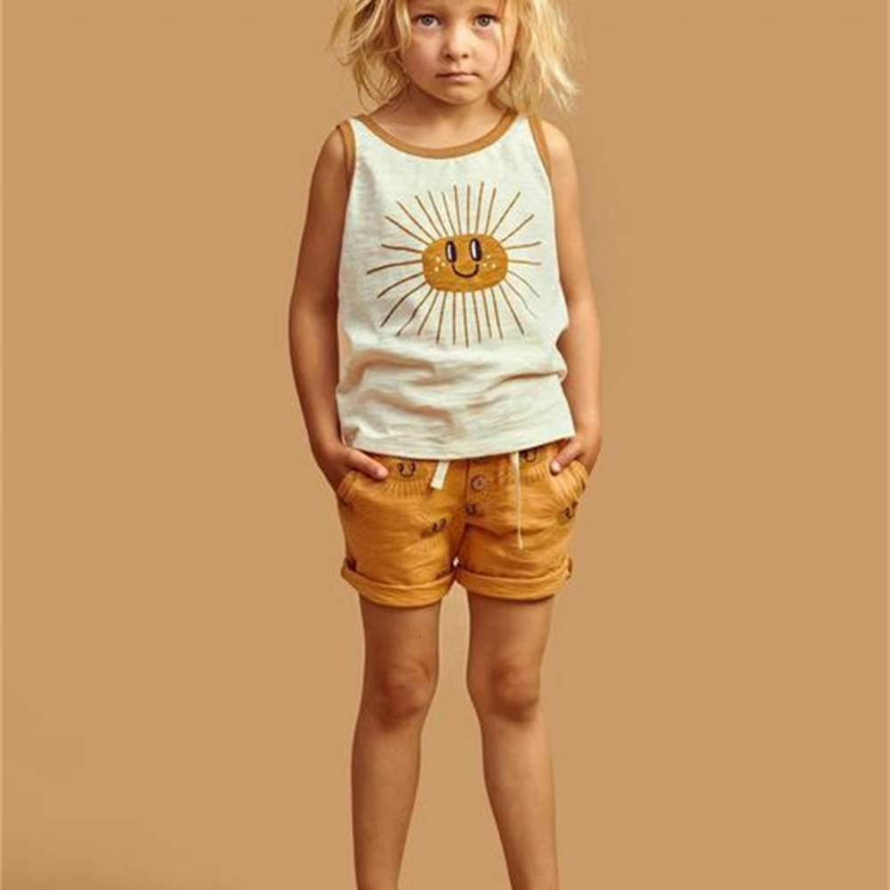 

Boys and girls suits Summer children's sun pattern sleeveless vest T-shirt + shorts boys' suit, White