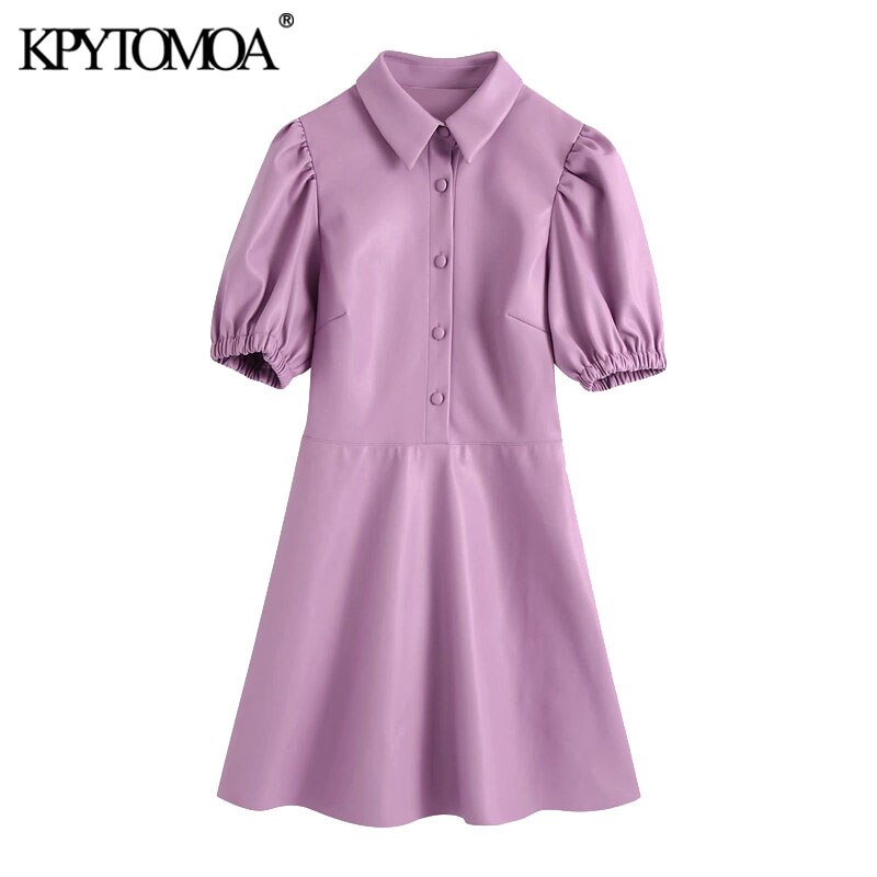 

KPYTOMOA Women 2021 Chic Fashion With Elastic Trim Faux Leather Mini Dress Vintage Puff Sleeve Button-up Female Dresses Mujer, As picture