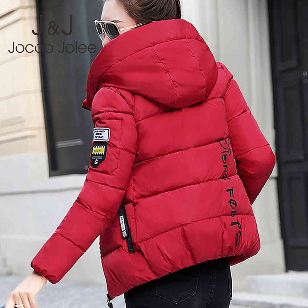 

Jocoo Jolee Women Korean Slim Short Parka Winter Casual Letter Print Hooded Thick Warm Jackets Cotton Padded Coat Outwear 210518, Pink