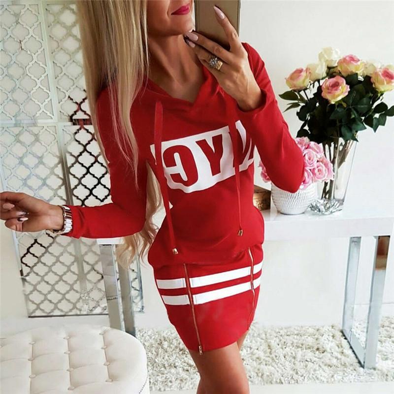 Womens Hooded Jumper Sweat À Capuche À Manches Longues Bodycon Pull Mini Robe Dames Mode Noir Rouge Lettre Imprimer Vêtements Robes Décontractées