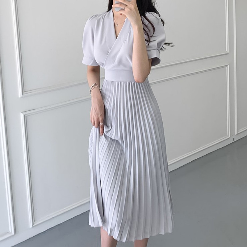 

ZAWFL Summer Elegant Women Dress Sashes Office Wear V-Neck Short Sleeve Female Pleated Midi Vestidos femme 210525, Picture color